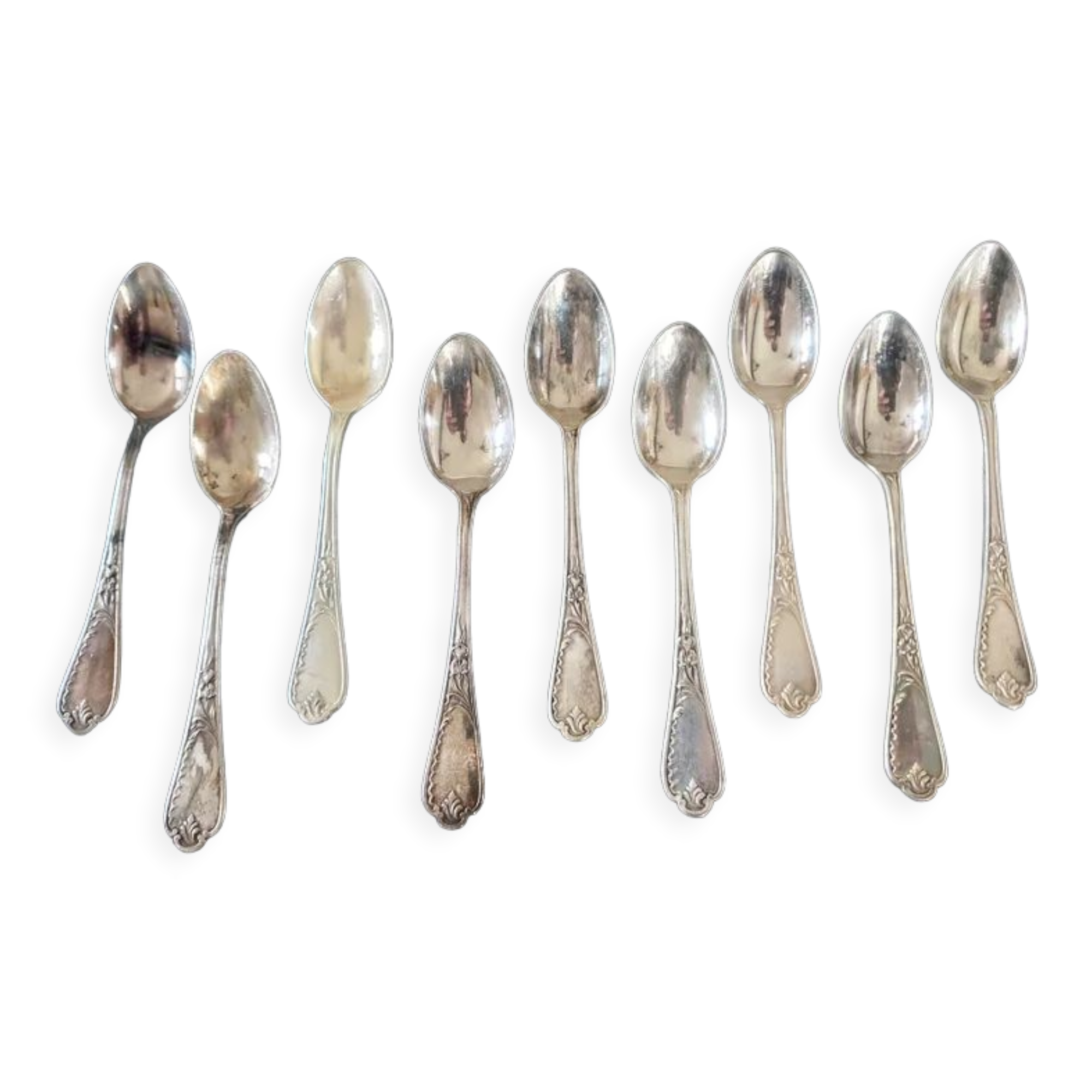 Série de 9 petites cuillères en métal argenté, modèle iris, art nouveau, Maitre-orfèvre Ercuis