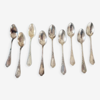 Série de 9 petites cuillères en métal argenté, modèle iris, art nouveau, Maitre-orfèvre Ercuis