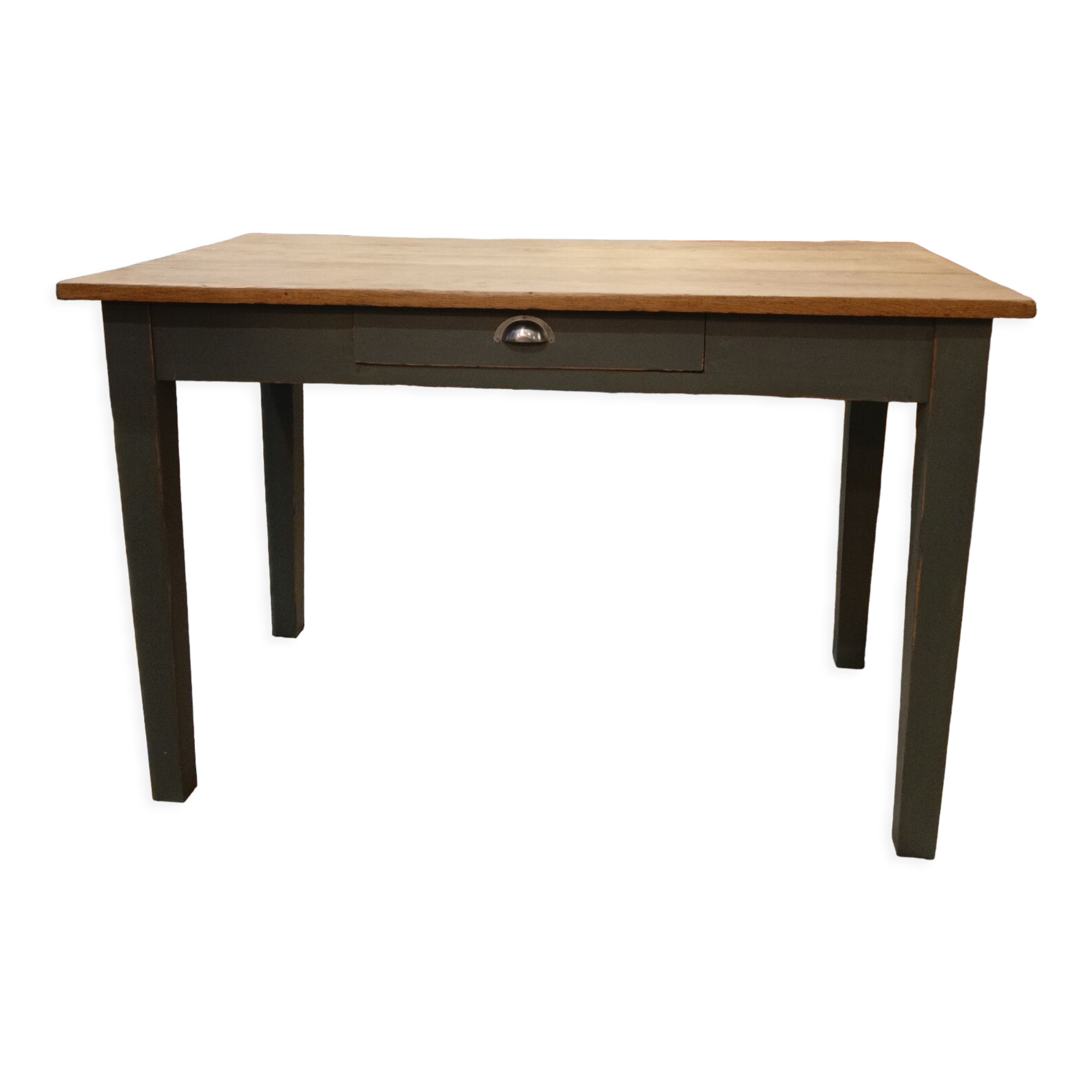 Wooden and khaki farmhouse table