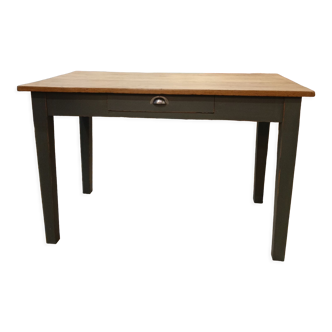 Wooden and khaki farmhouse table