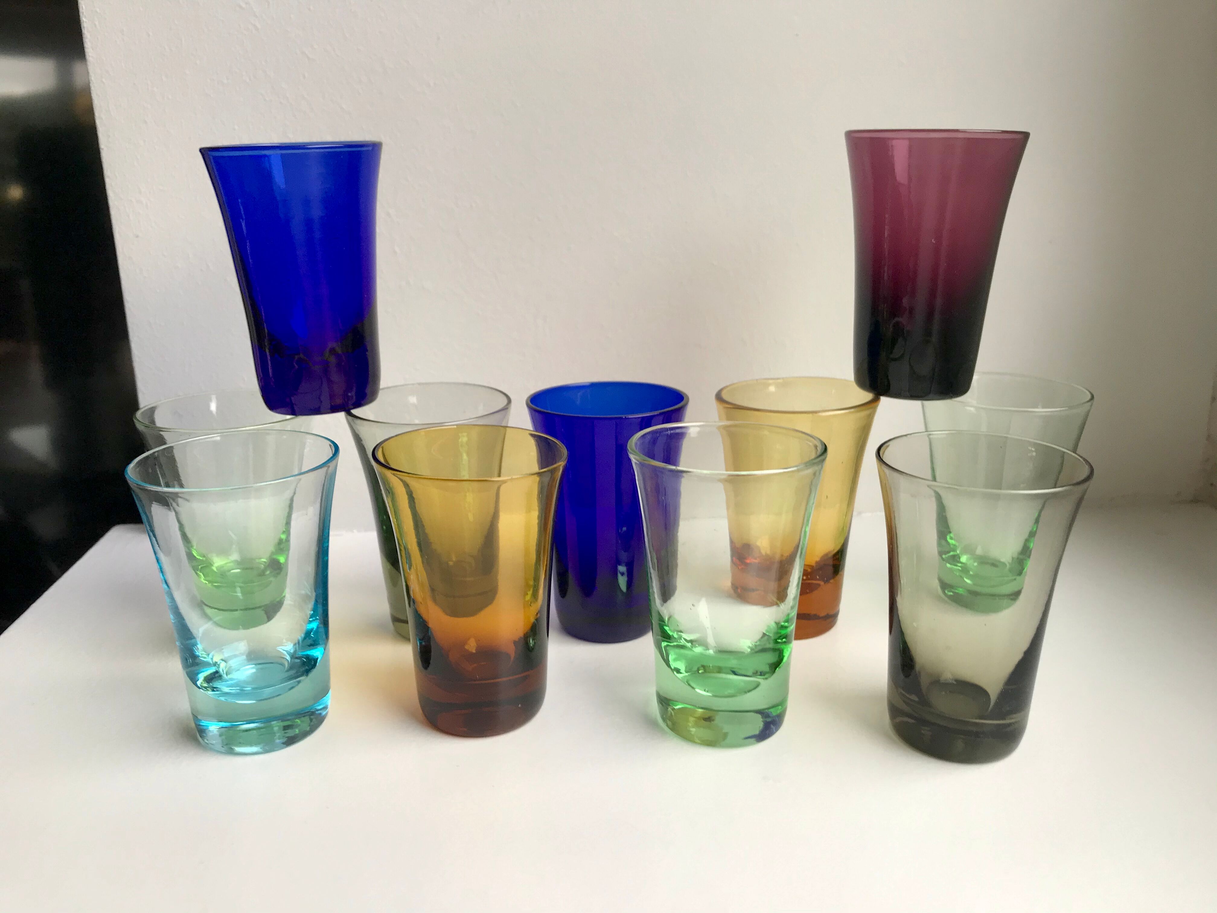 Set of 11 colored glass shot glasses 70s