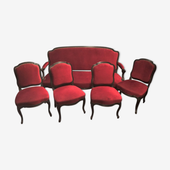 Living room NAPOLEON 3 sofa 3 places + 4 chairs PERFECT STATE blackened wood Red fabric
