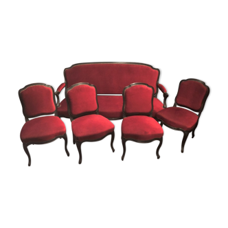 Salon Napoleon III 19 eme canapé 3 places et 4 chaises parfait etat bois noirci tissu rouge