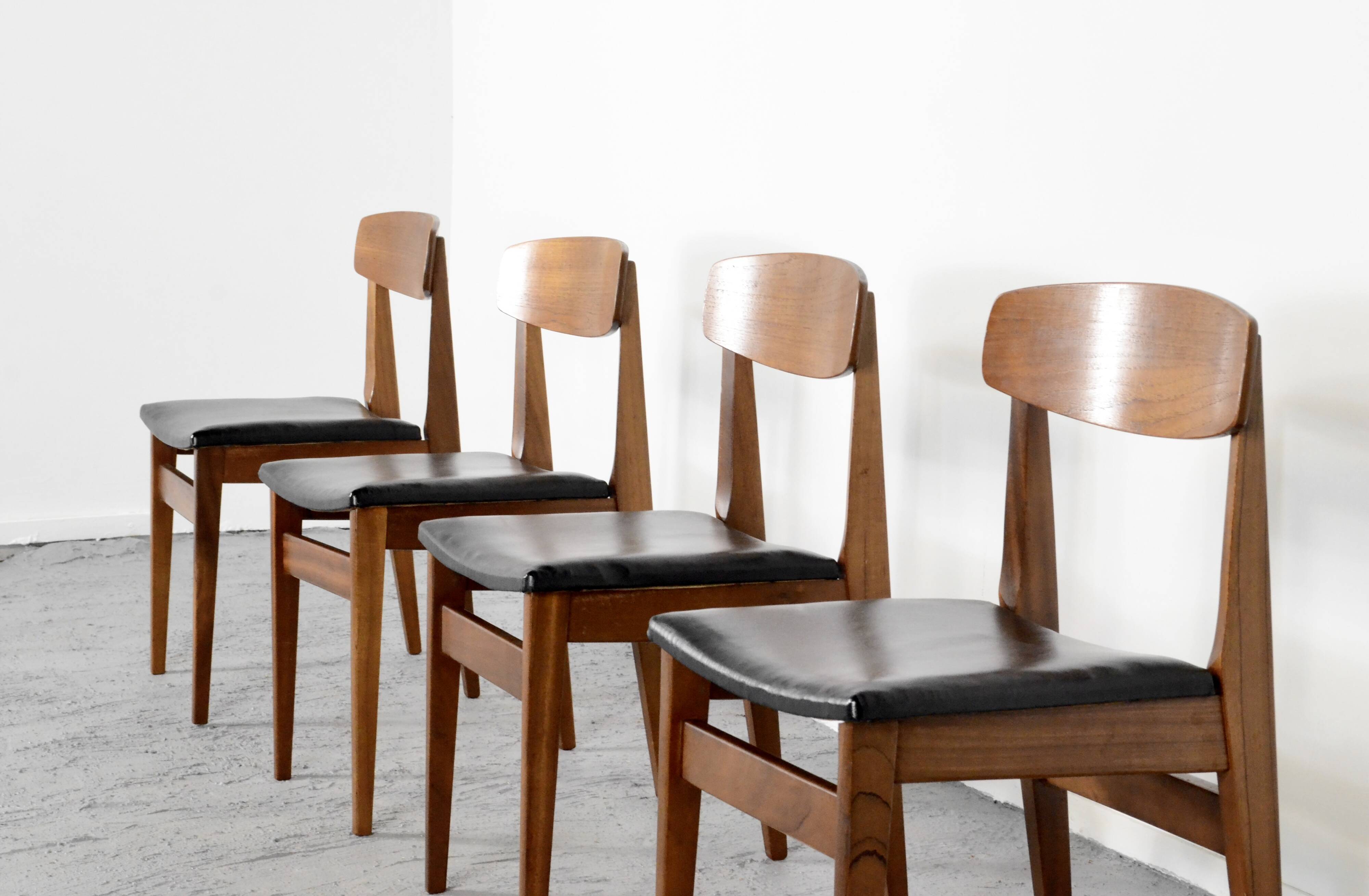 Set Of 4 Midcentury Teak And Leatherette Chairs.