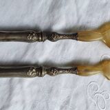 Art Nouveau salad servers in horn and silver metal