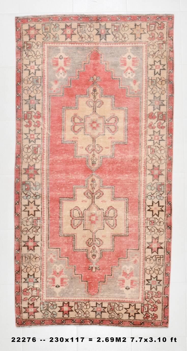4x8 Red Cream Handmade Oriental Vintage Rug, 117x230Cm