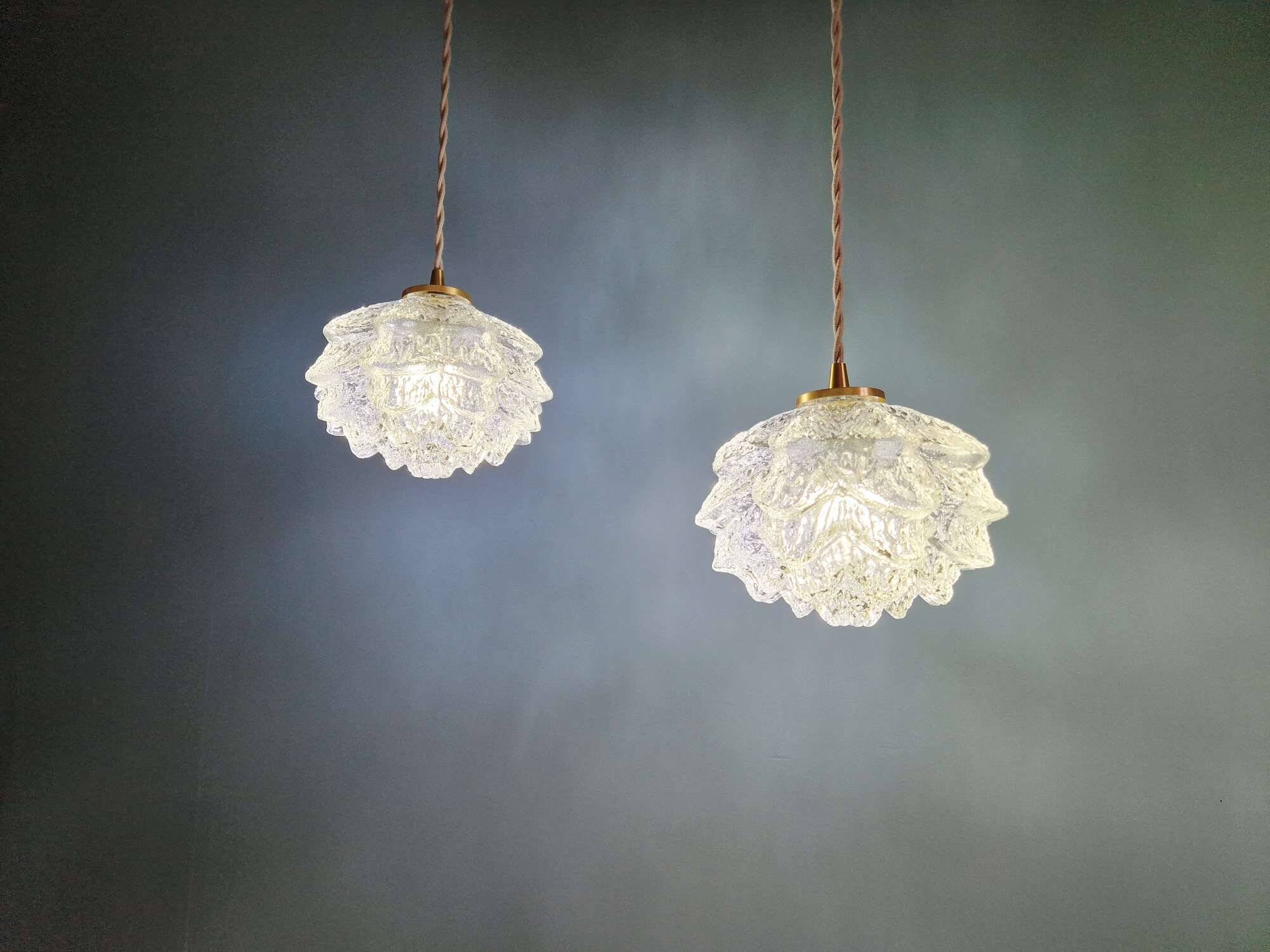Pair of frosted glass pendant lights, artichoke-shaped, 1960s.