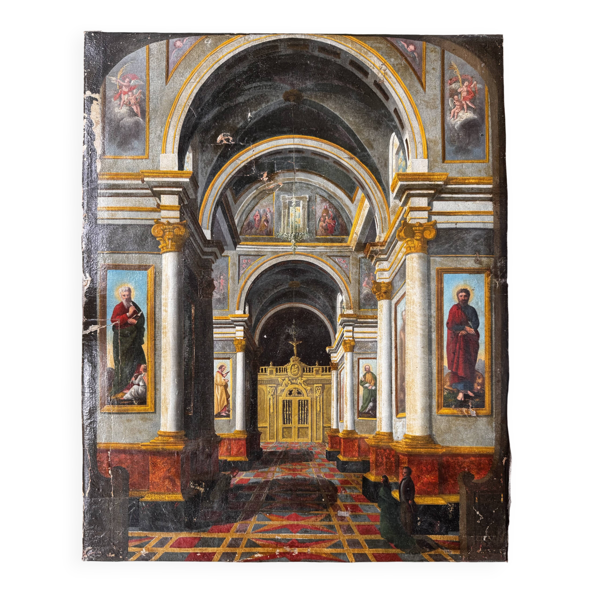 Interieur d'eglise - tableau italien  du milieu du XIXe siecle