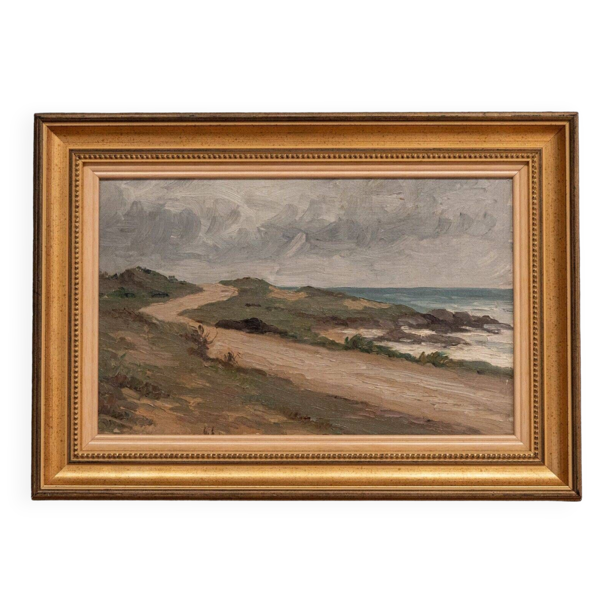 Oil on canvas seaside beach 1930 golden frame