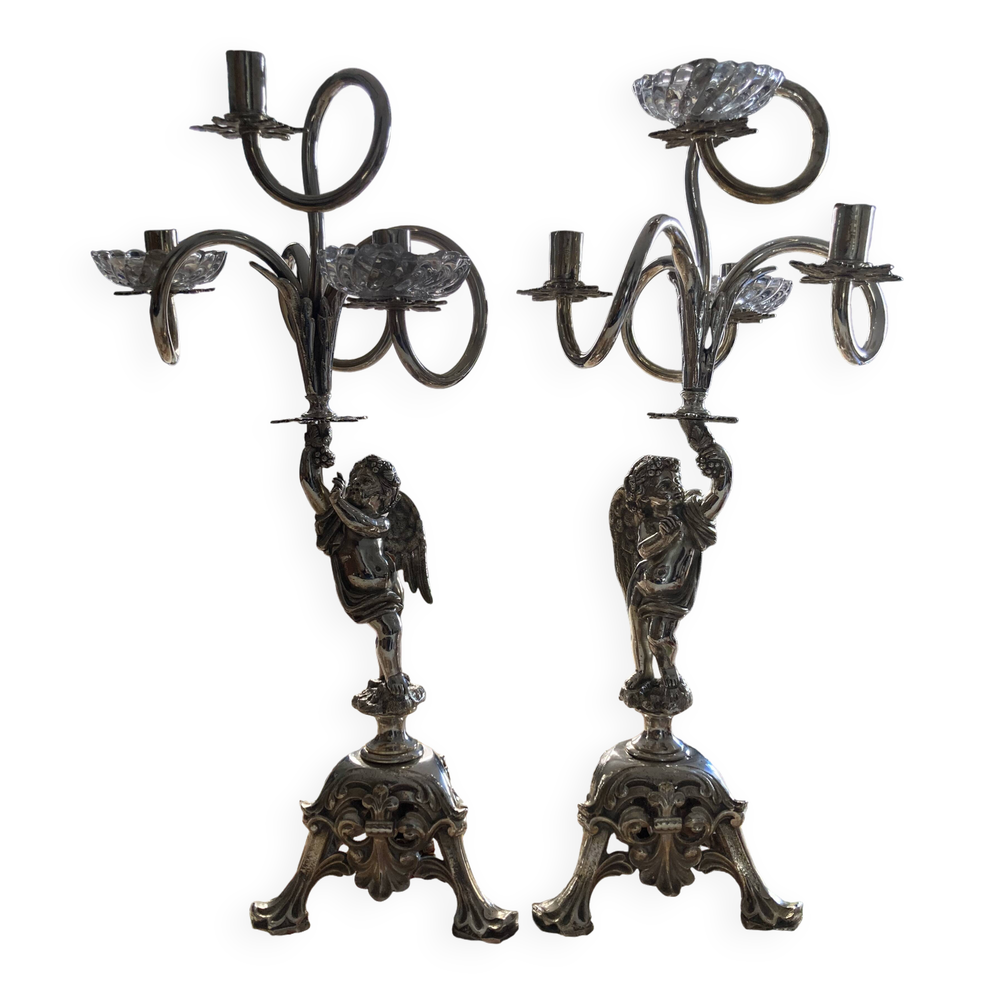 Putti candelabra 4 candles louis xvi style design pieces late 20th century. signed