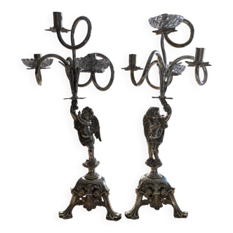 Putti candelabra 4 candles louis xvi style design pieces late 20th century. signed