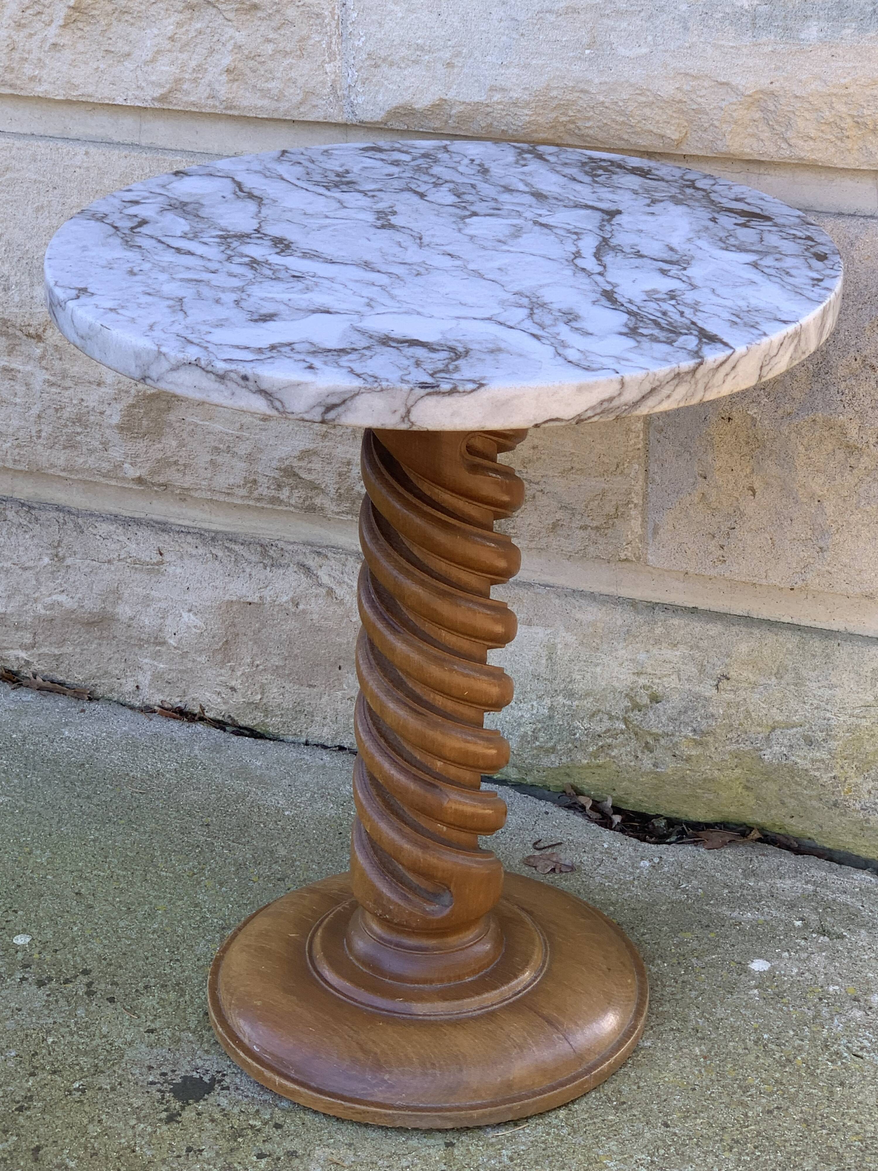 Vintage pedestal table turned wood and marble 1950