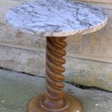 Vintage pedestal table turned wood and marble 1950