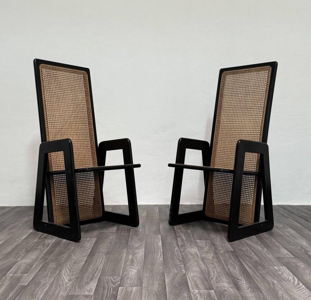 High-Backed Chairs in Lacquered Vienna Straw, 1970s, Set of 2