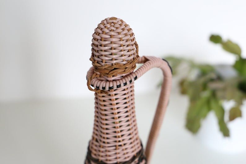 Pink and black scoubidou bottle, vintage, years 60