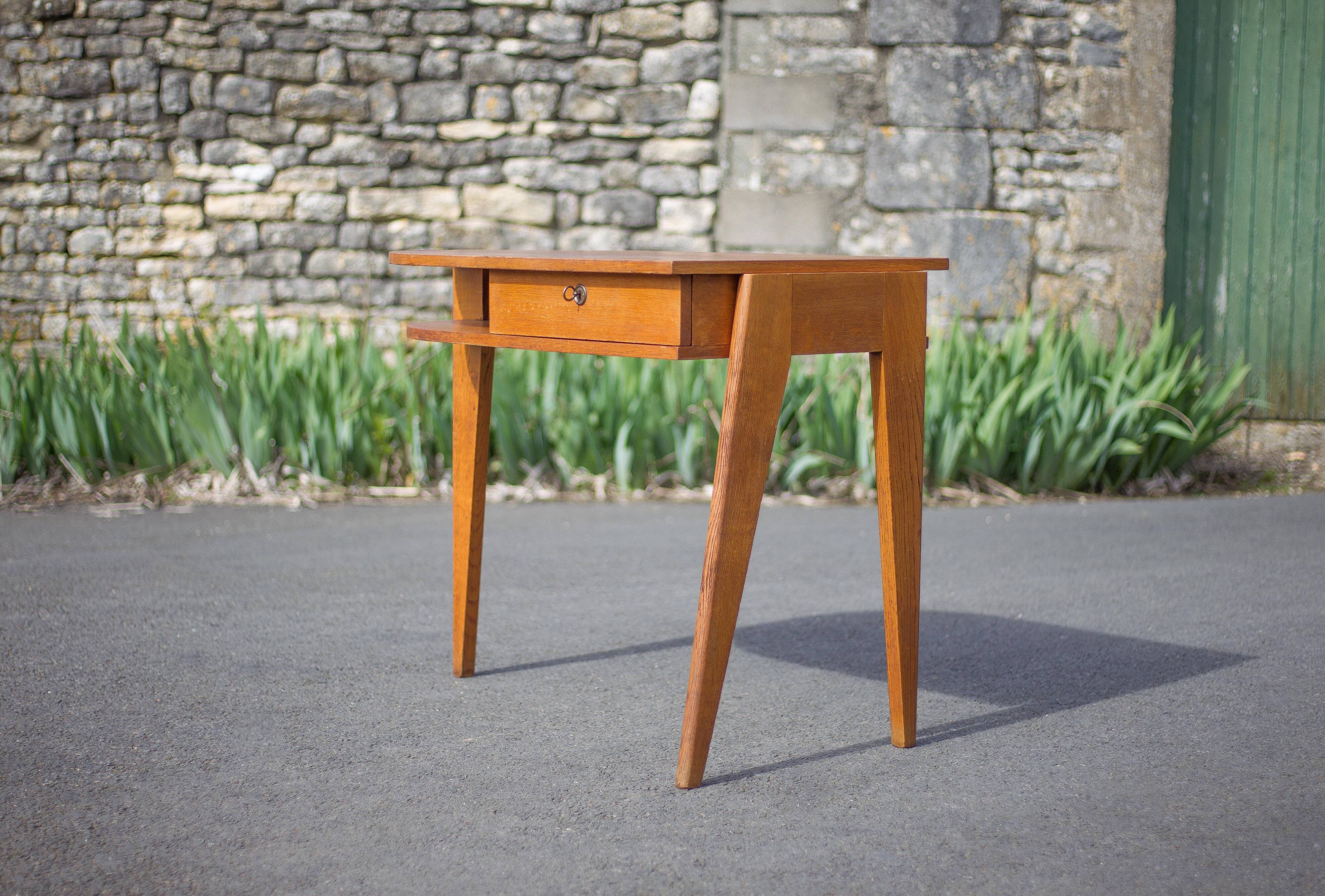 desk, tripod wooden desk, small French designer desk, modernist desk, 50's
