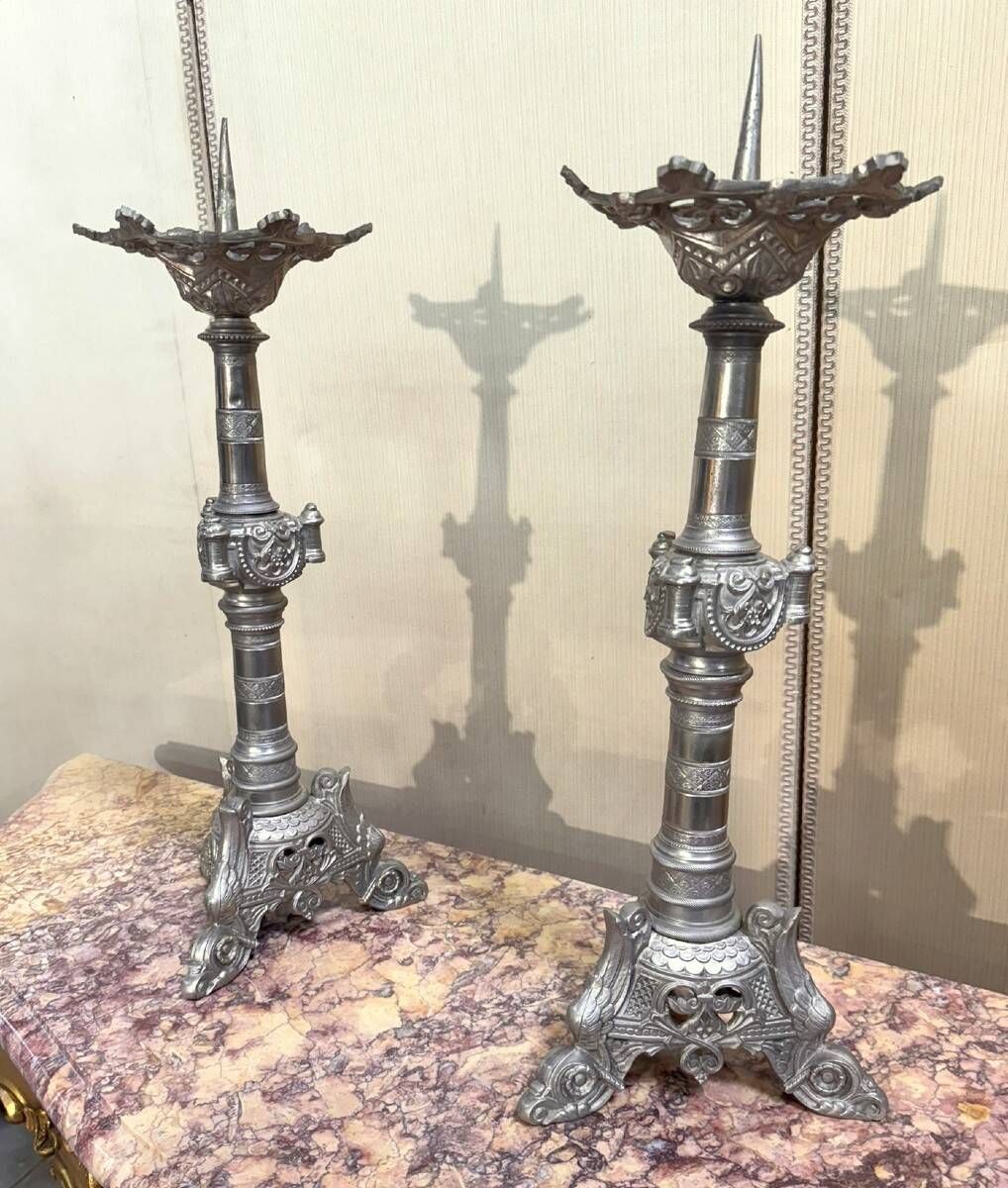 large pair of silvered bronze candlesticks from the 19th century