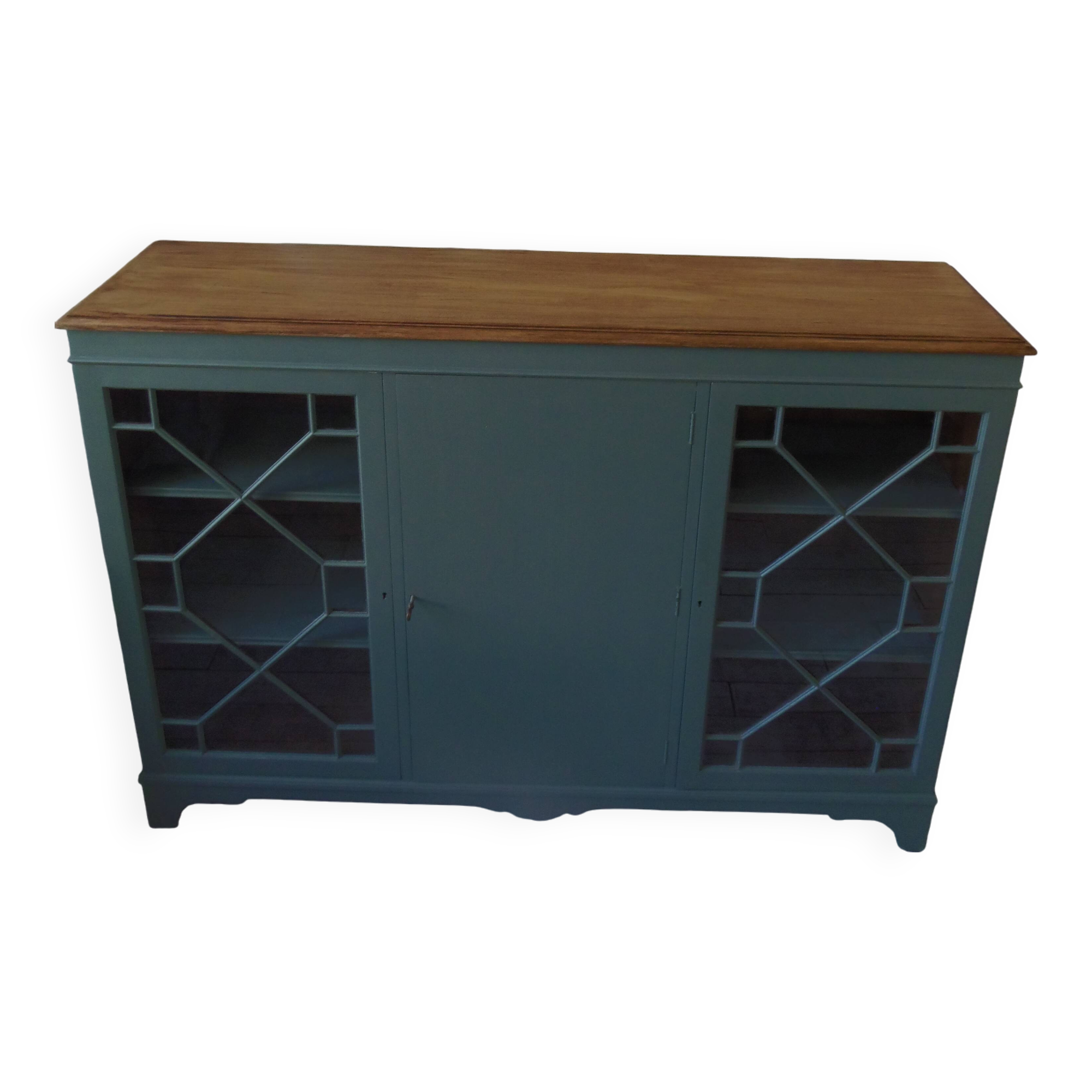 English sideboard, shallow, smoky green, wooden top.