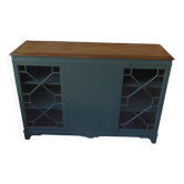 English sideboard, shallow, smoky green, wooden top.