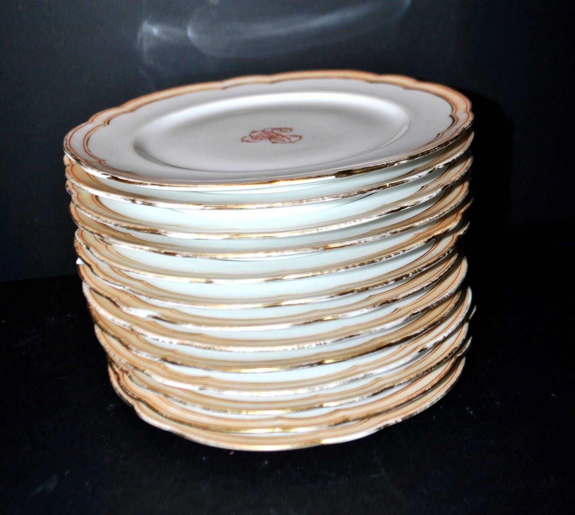 Paris porcelain set of 12 plates, dish and sauce boat, antique tableware with monogram BA.
