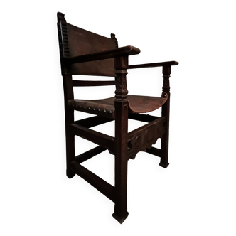 Fauteuil trône colonial avec cuir, 19e siècle