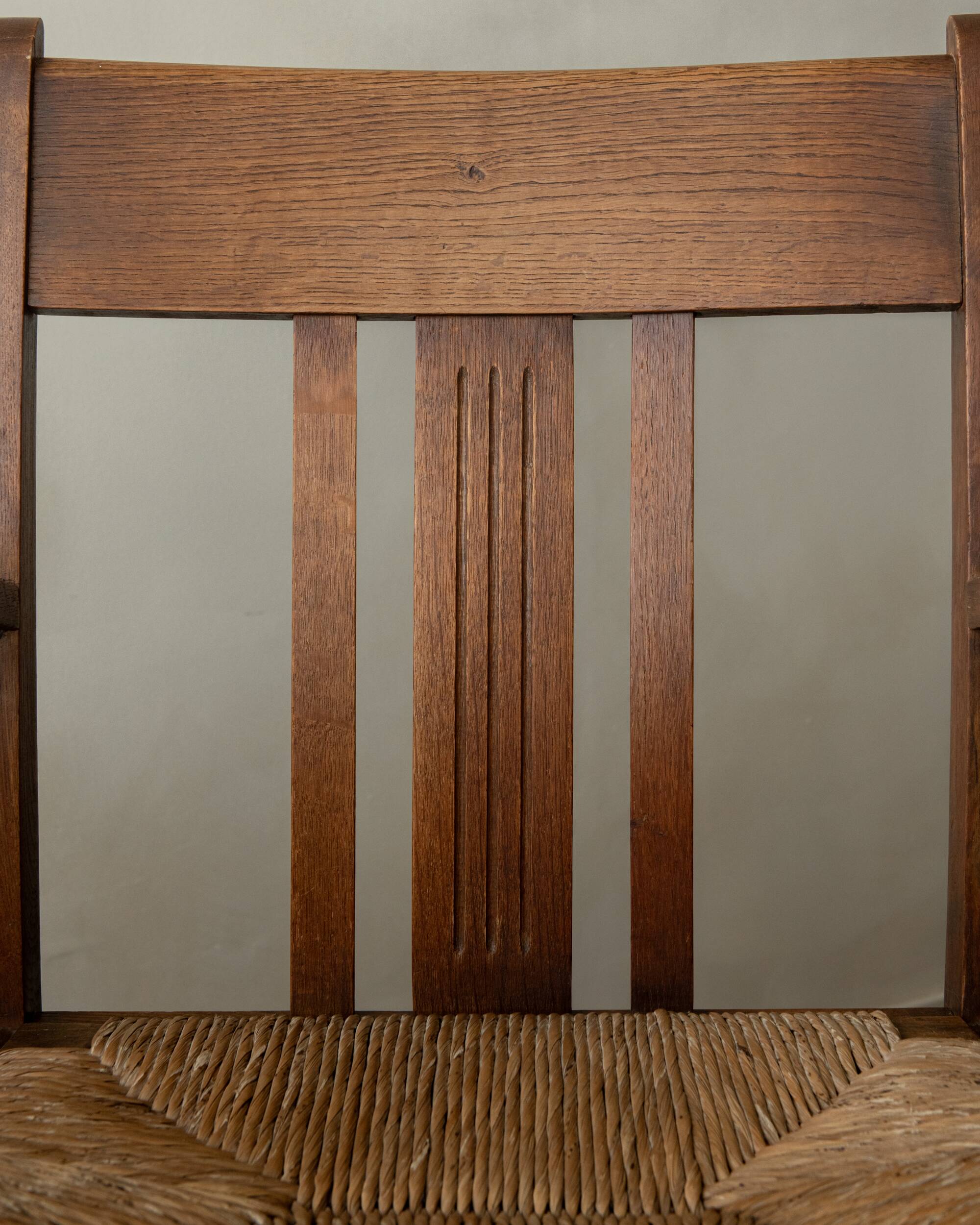 Dutch Art Deco Oak and Rush Armchair, Amsterdam School, 1920s