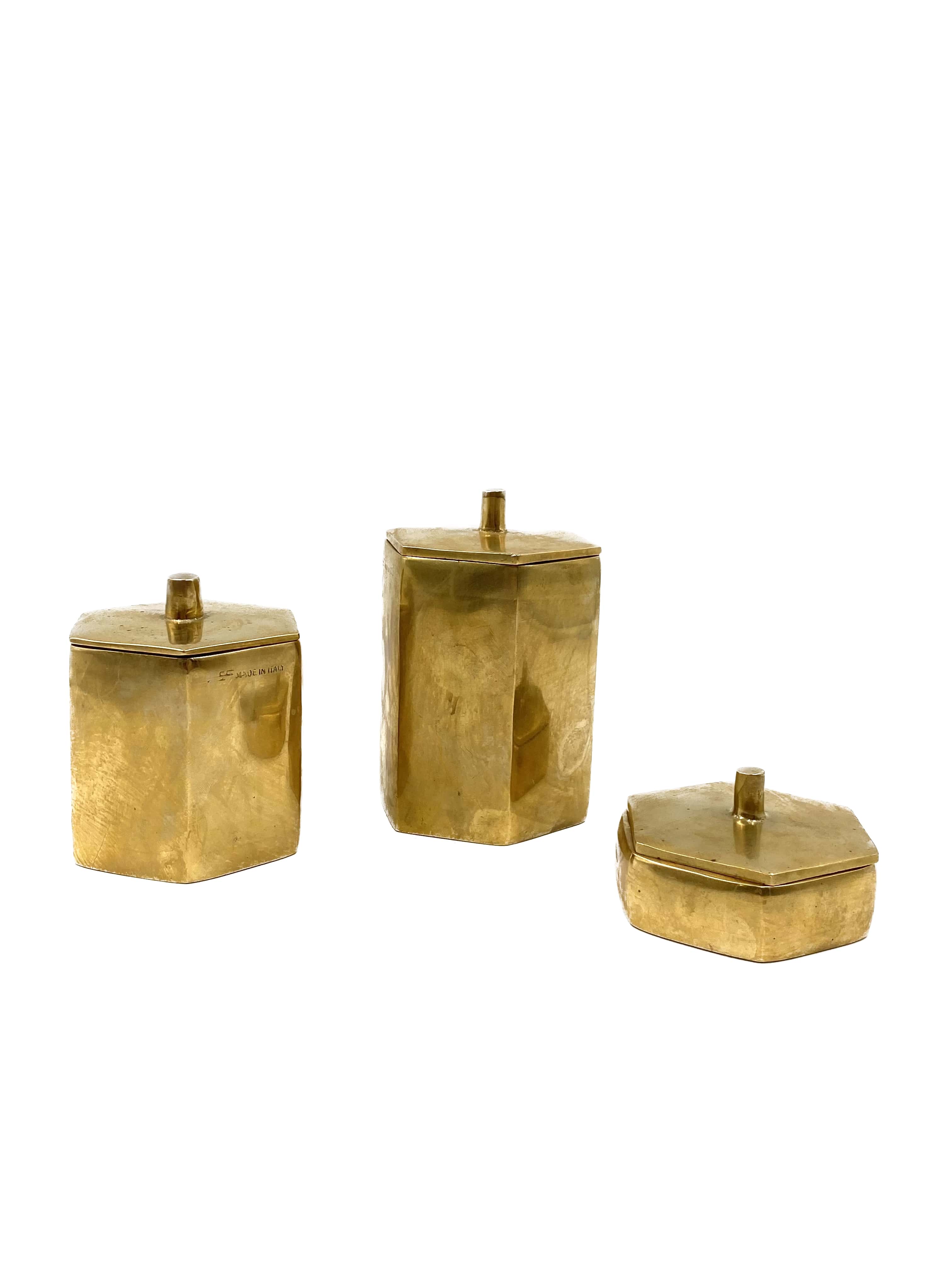 Set of 3 solid Brass boxes , De Falco Italy 1970s