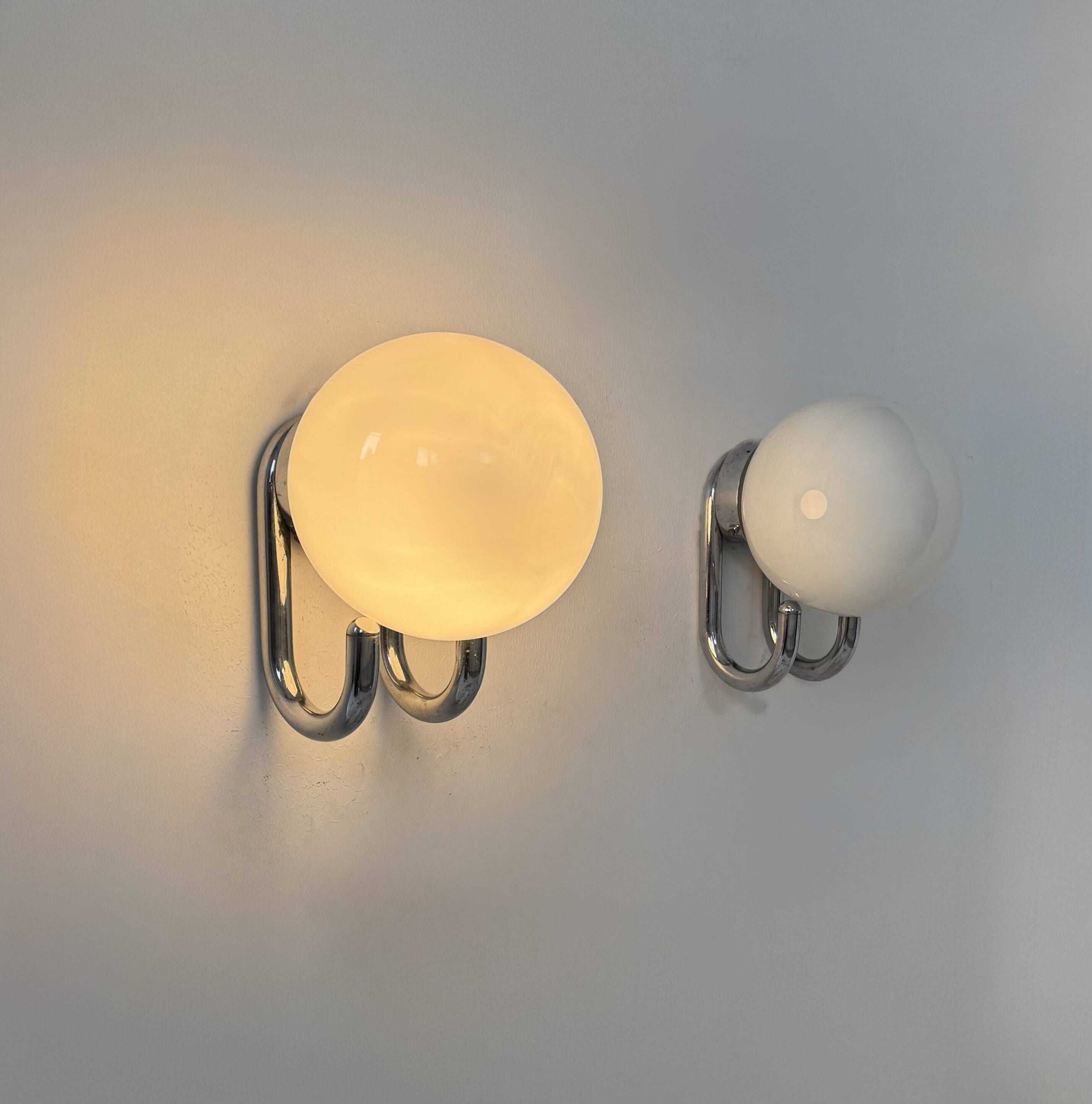 Pair of vintage wall lights, chrome metal and opaline, France, 1960.