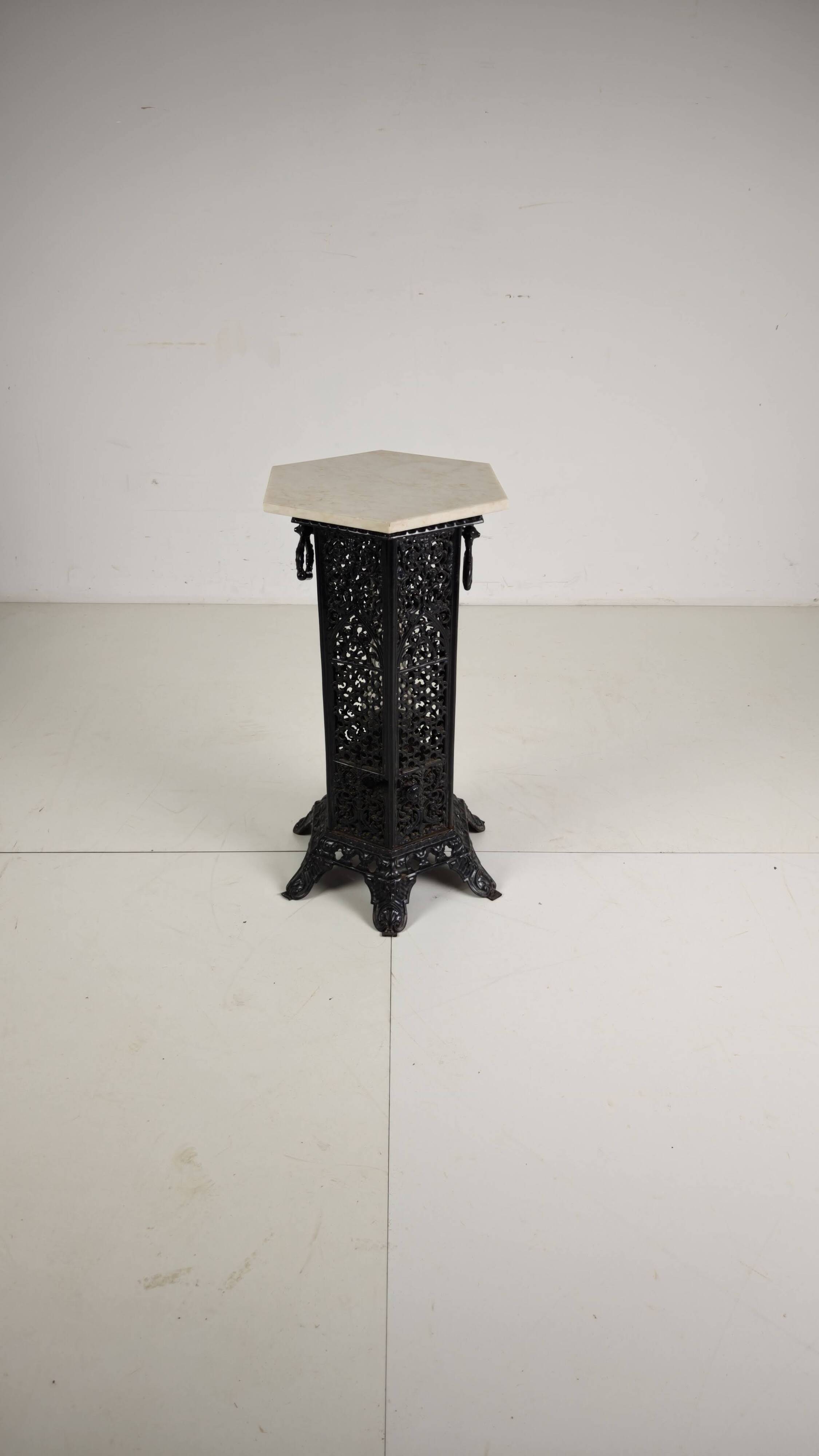 Orientalist Cast Iron side table with Marble Top, late 19th Century