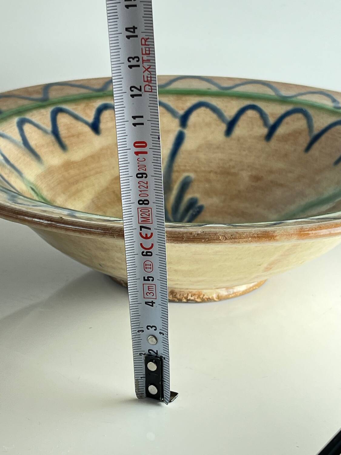 Glazed ceramic dish with green and blue floral decoration – vintage southern earthenware – handmade