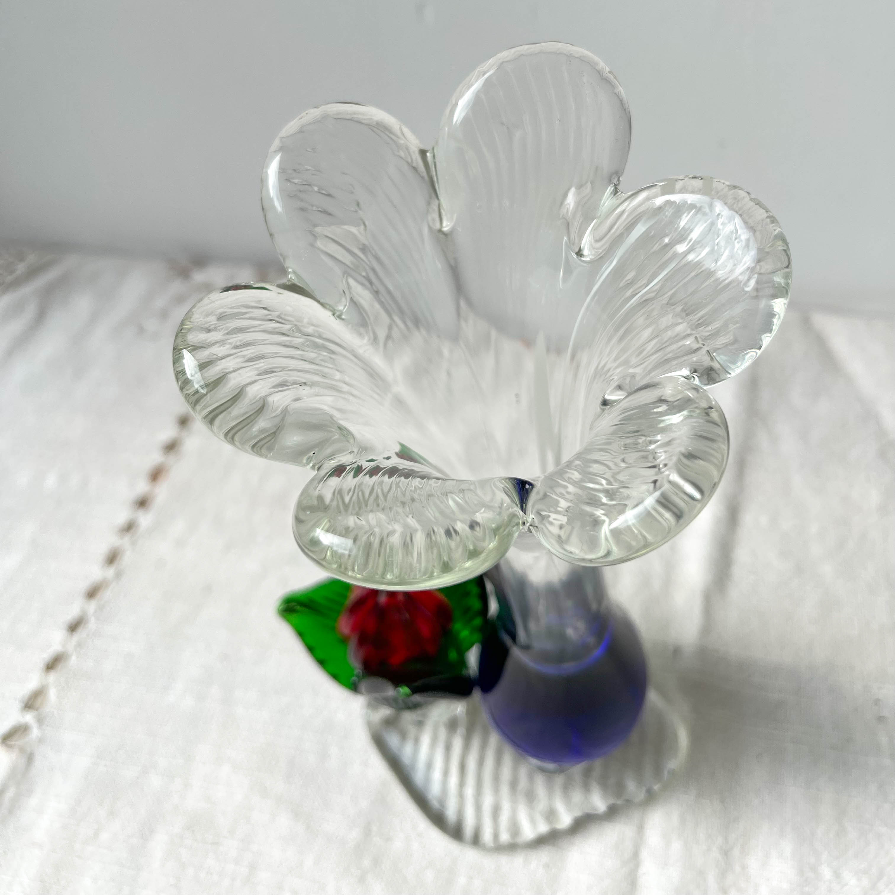 Blue red Murano glass vase with blown flower
