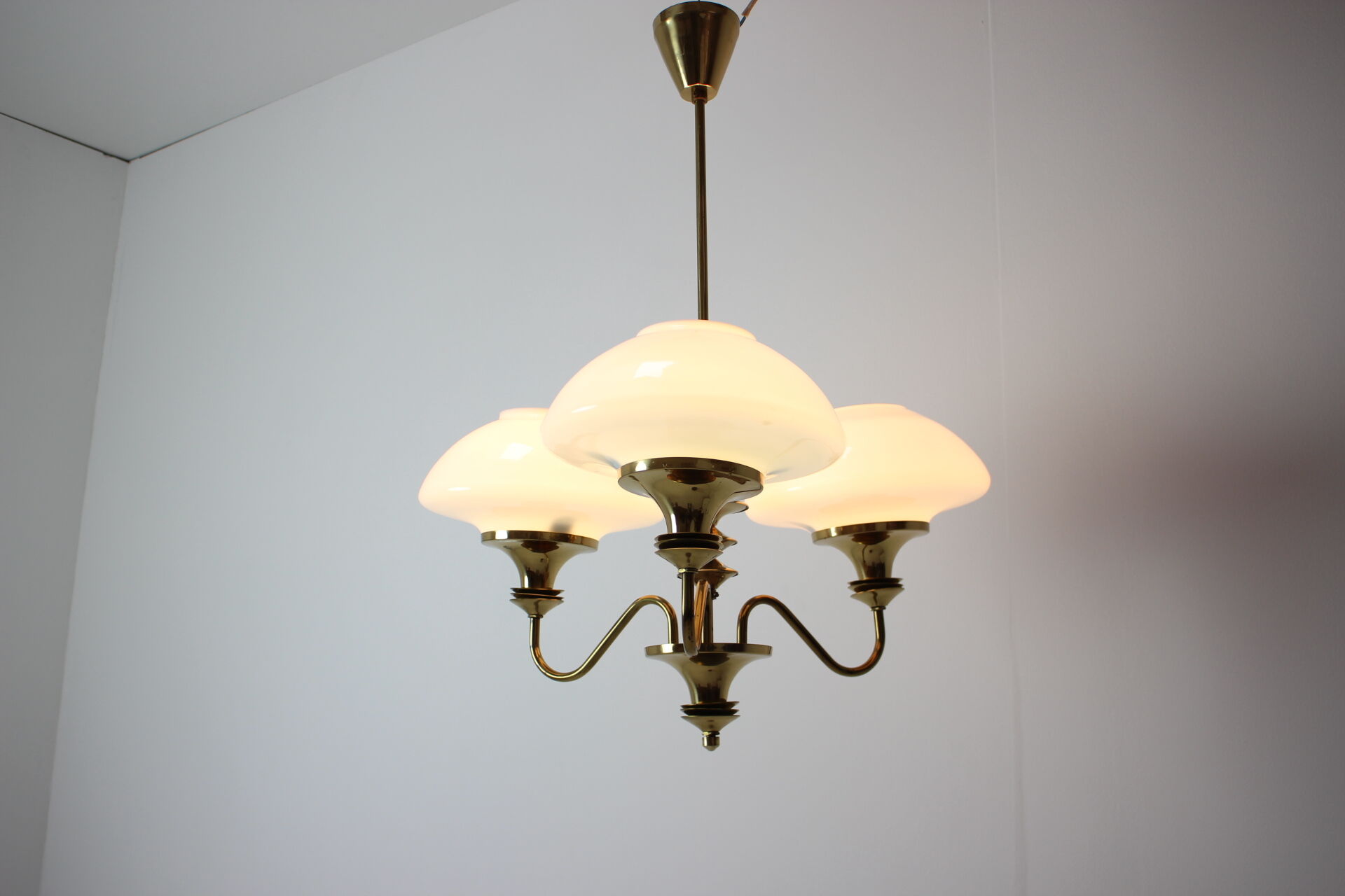 Mid-Century Brass Chandelier, Czechoslovakia, 1970s, Made in Jablonec Glassworks