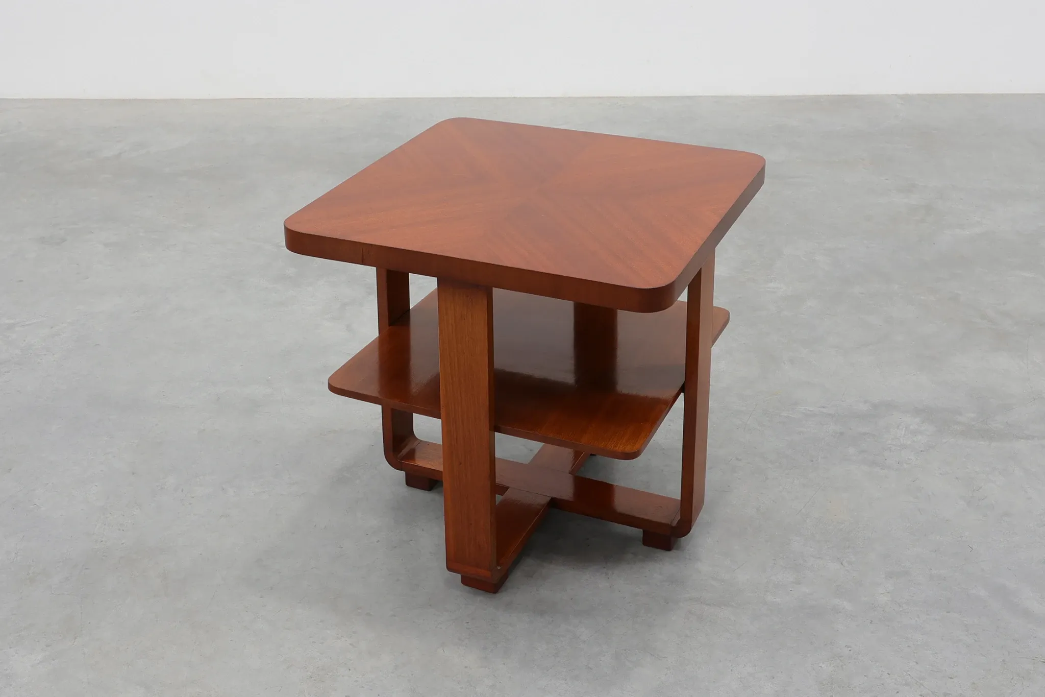 Art Deco Walnut Veneer Side Table with Shelf, Belgium, 1920s