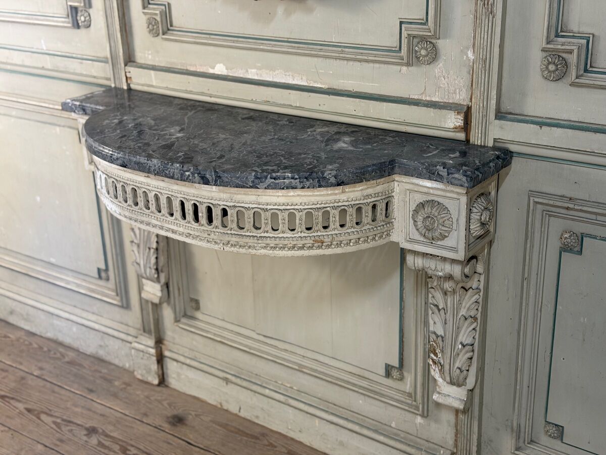 Louis XVI wall console in carved wood, grey patina, 18th century.