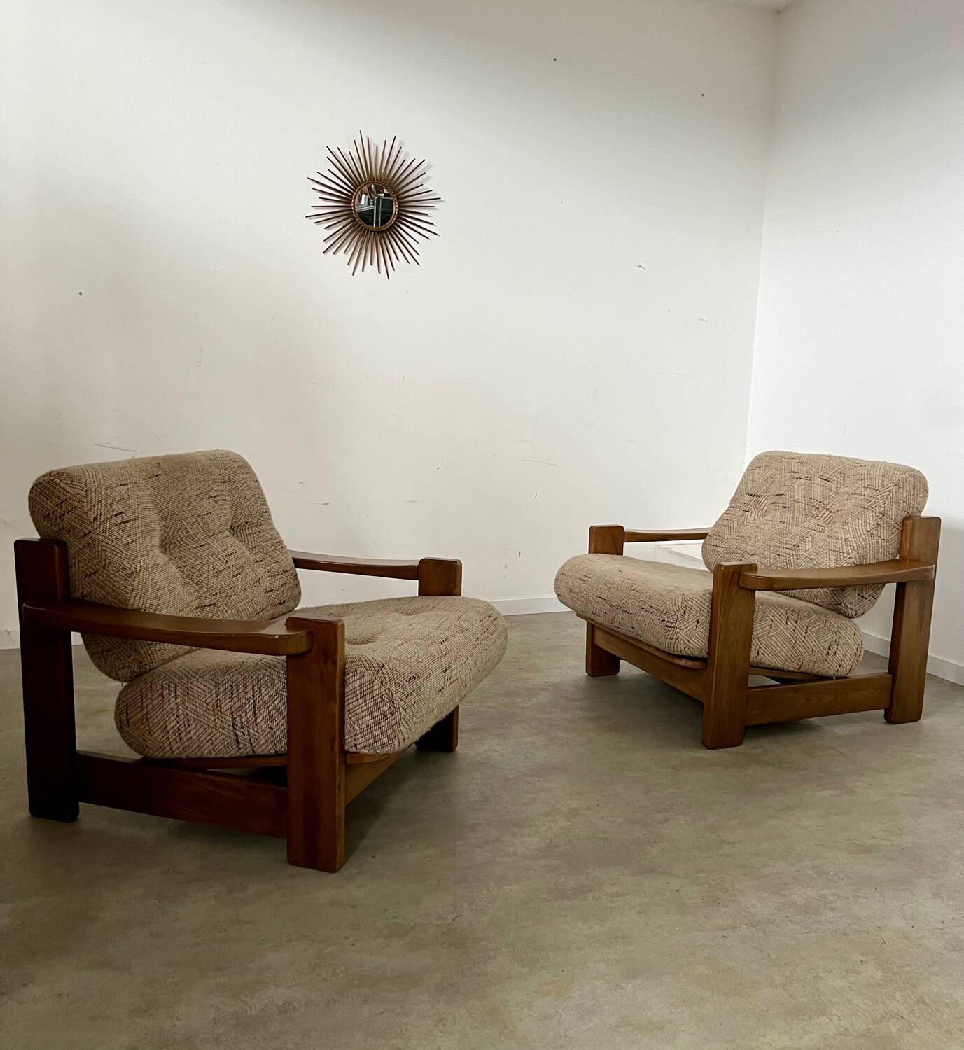 Lot of 2 solid elm armchairs, Maison Regain design, 70s vintage