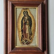 Religious tableau of the Virgin, painting on metal with a handcrafted wooden frame.