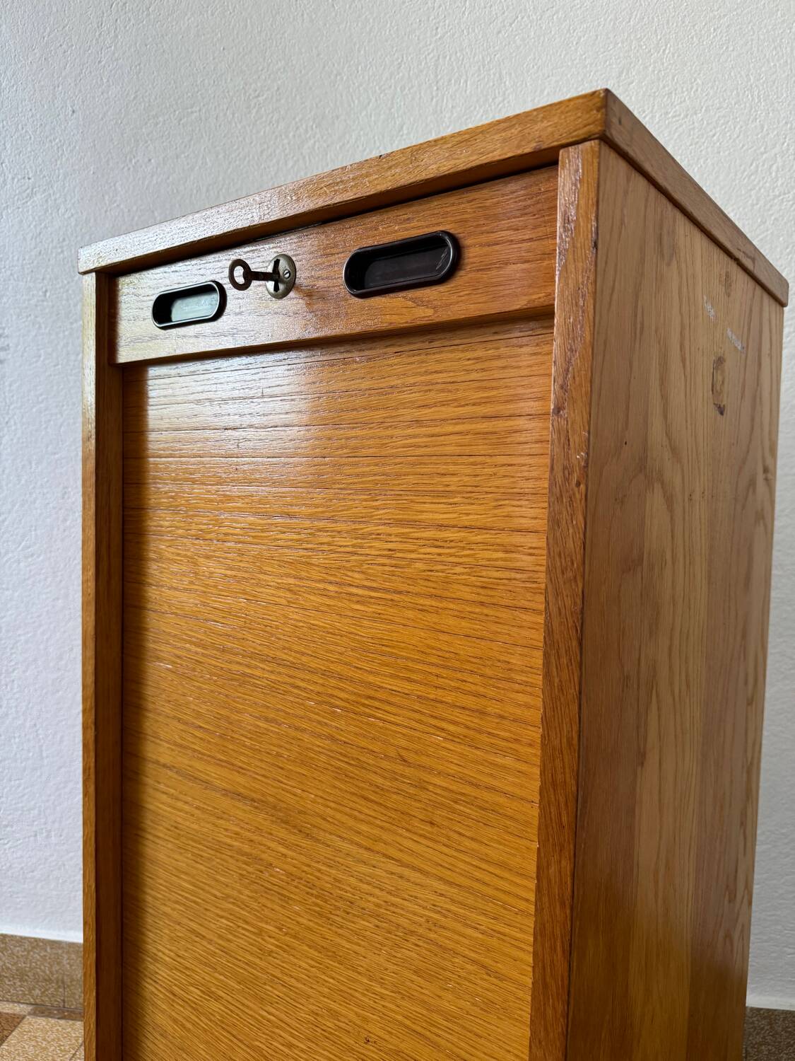 1960s wooden curtain filing cabinet