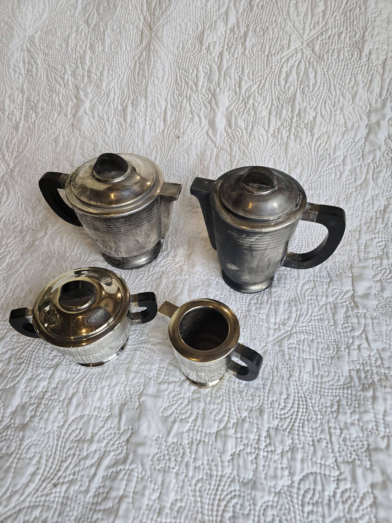 Art Deco tea and coffee service in silver-plated metal and Bakelite, 1930s