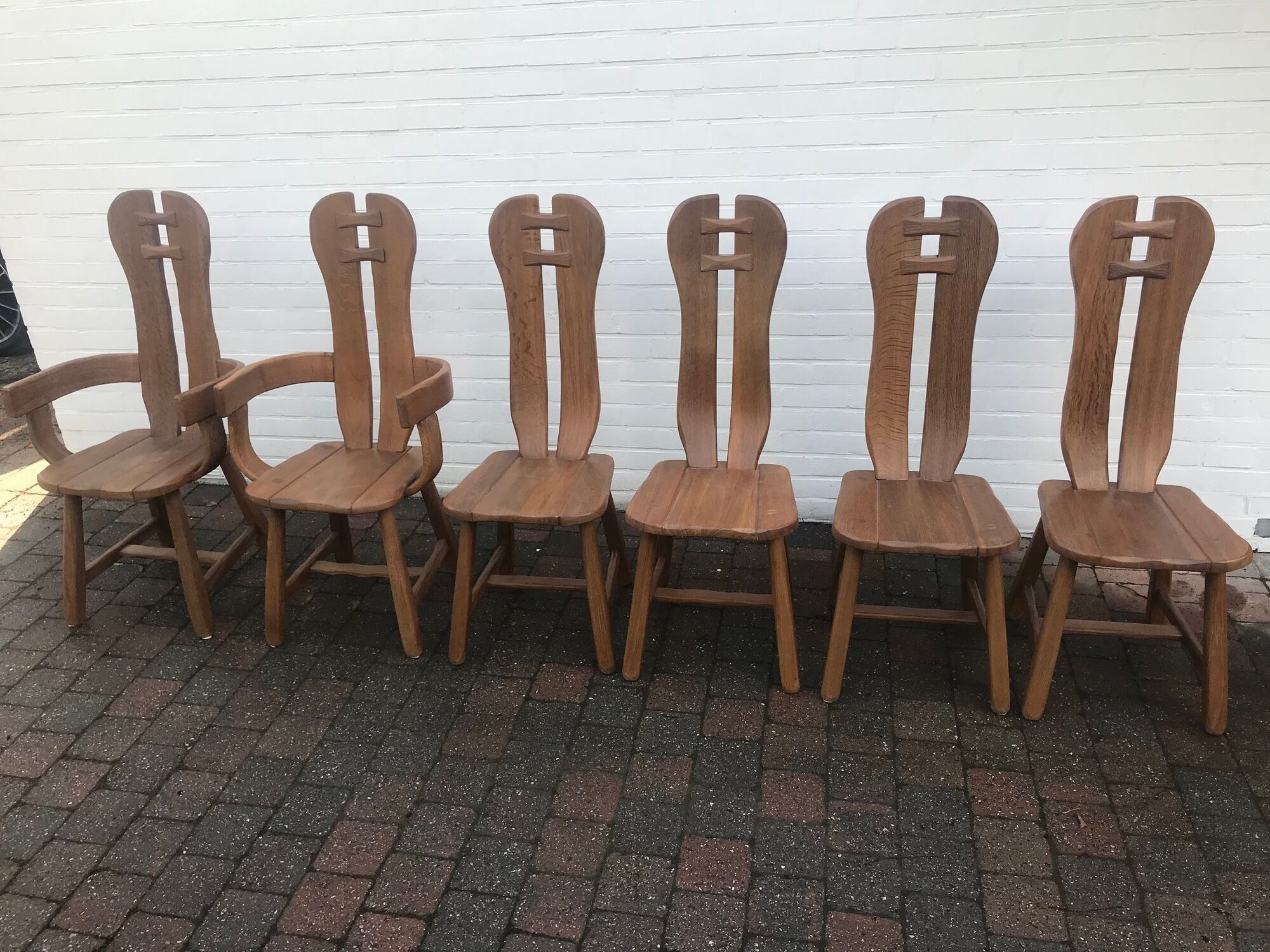 rare set of 6 brutalist chairs in solid oak house De PUYDT 1960 Belgium