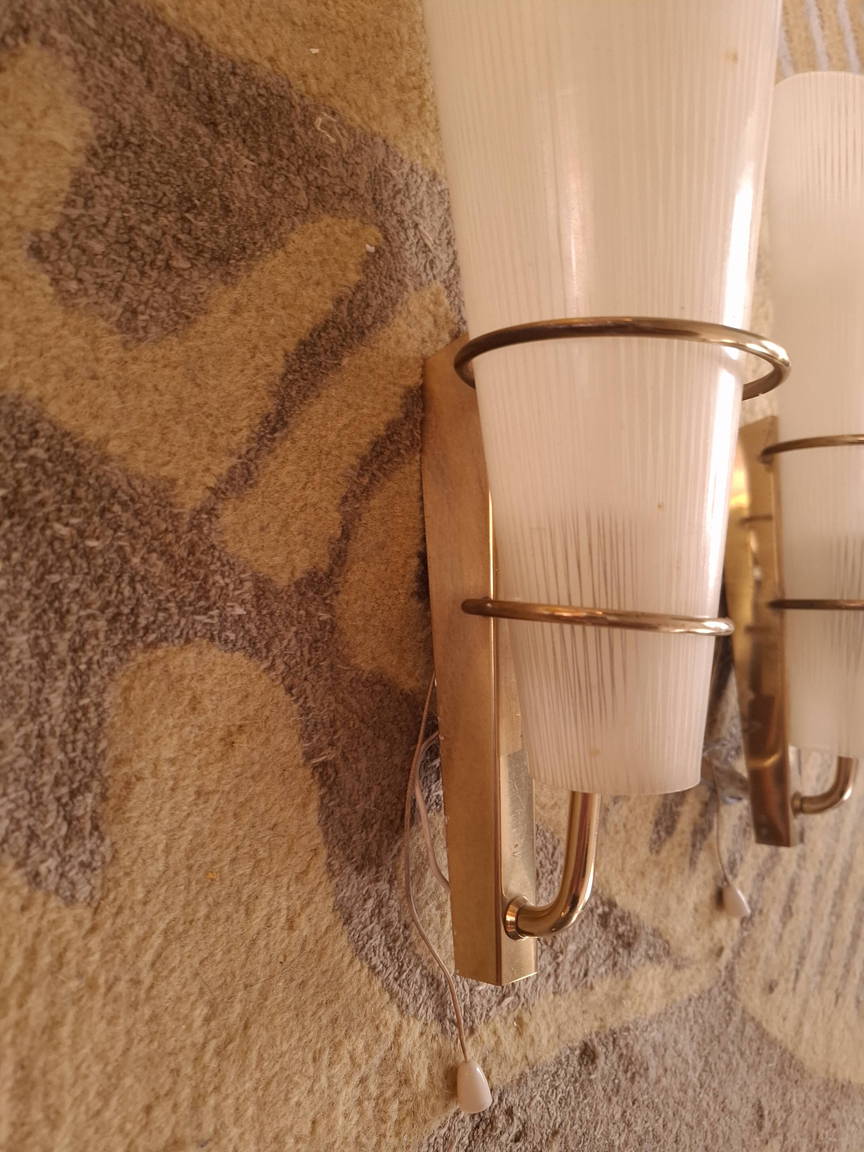 2 60's design wall lights in italian brass and glass