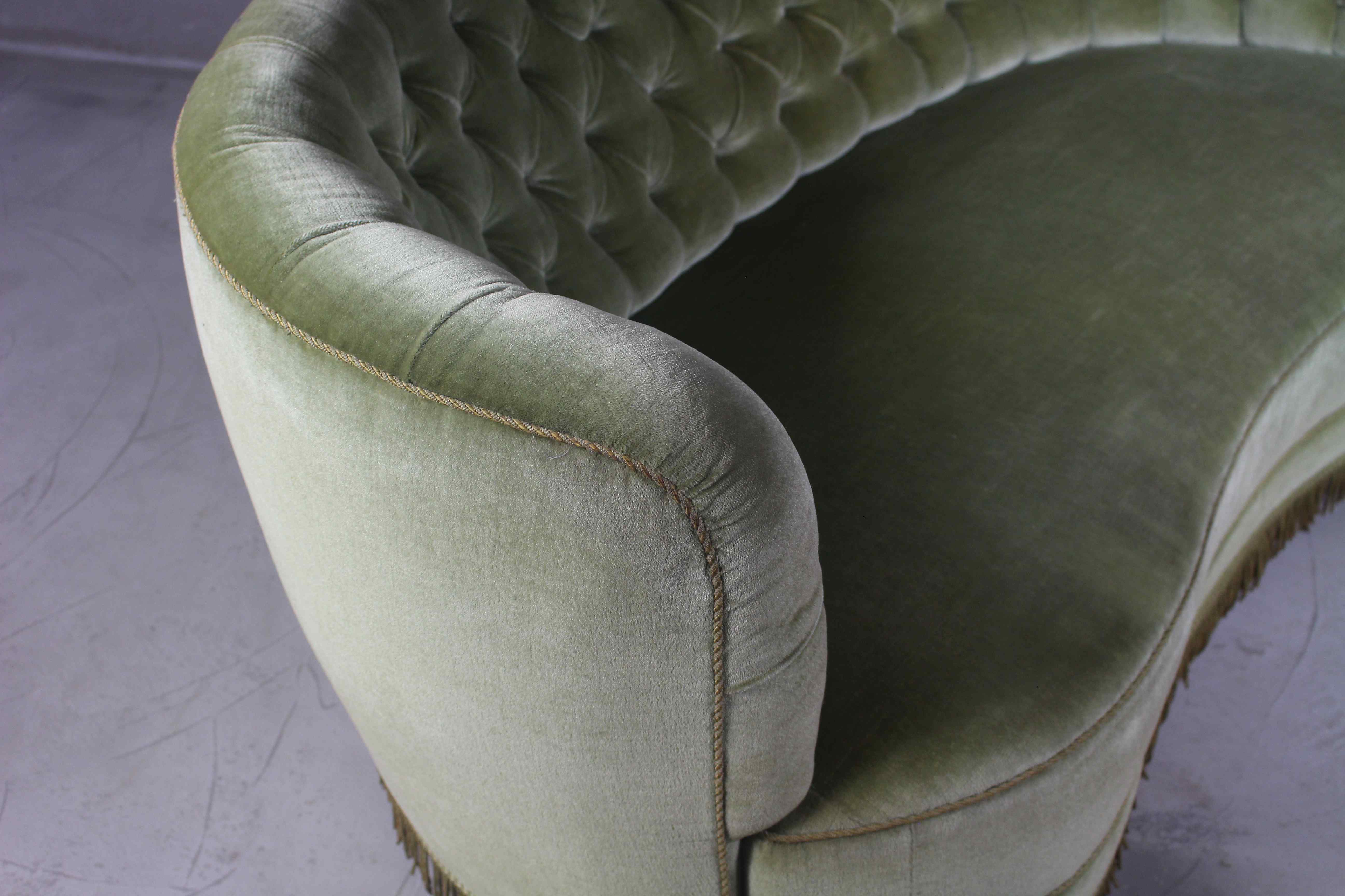 1940s Danish Curved Green Buttoned Sofa