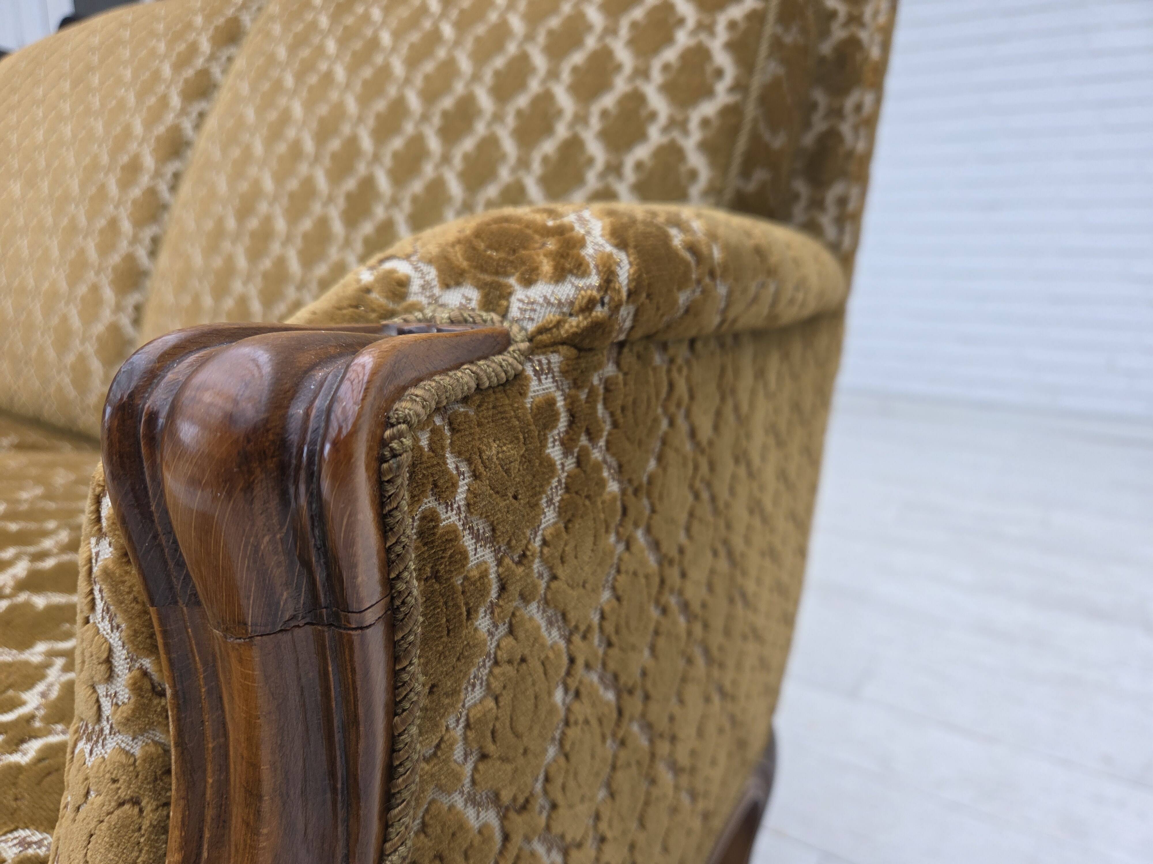 1950s, Danish 3-seater sofa, furniture velour, carved ash wood.