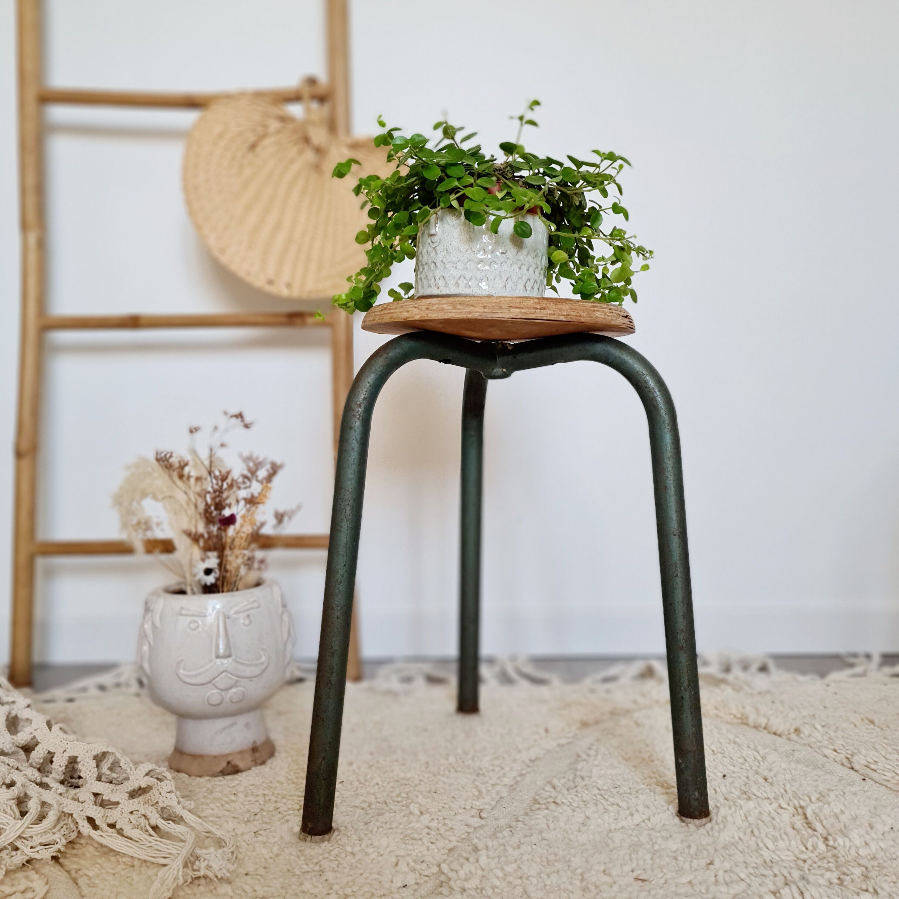 Wood and metal tripod stool