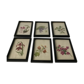 Series of small black wooden frames with an antique engraving signed with fleus. Champetres