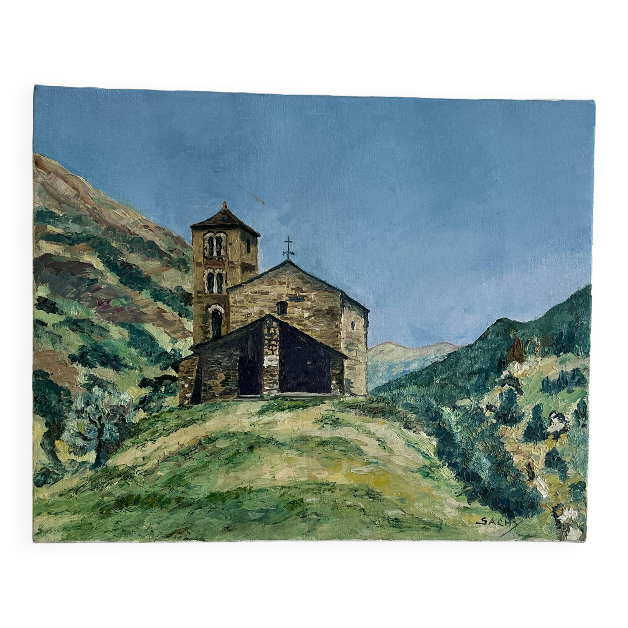 Francis Sachy "Church in Andorra" oil on canvas signed