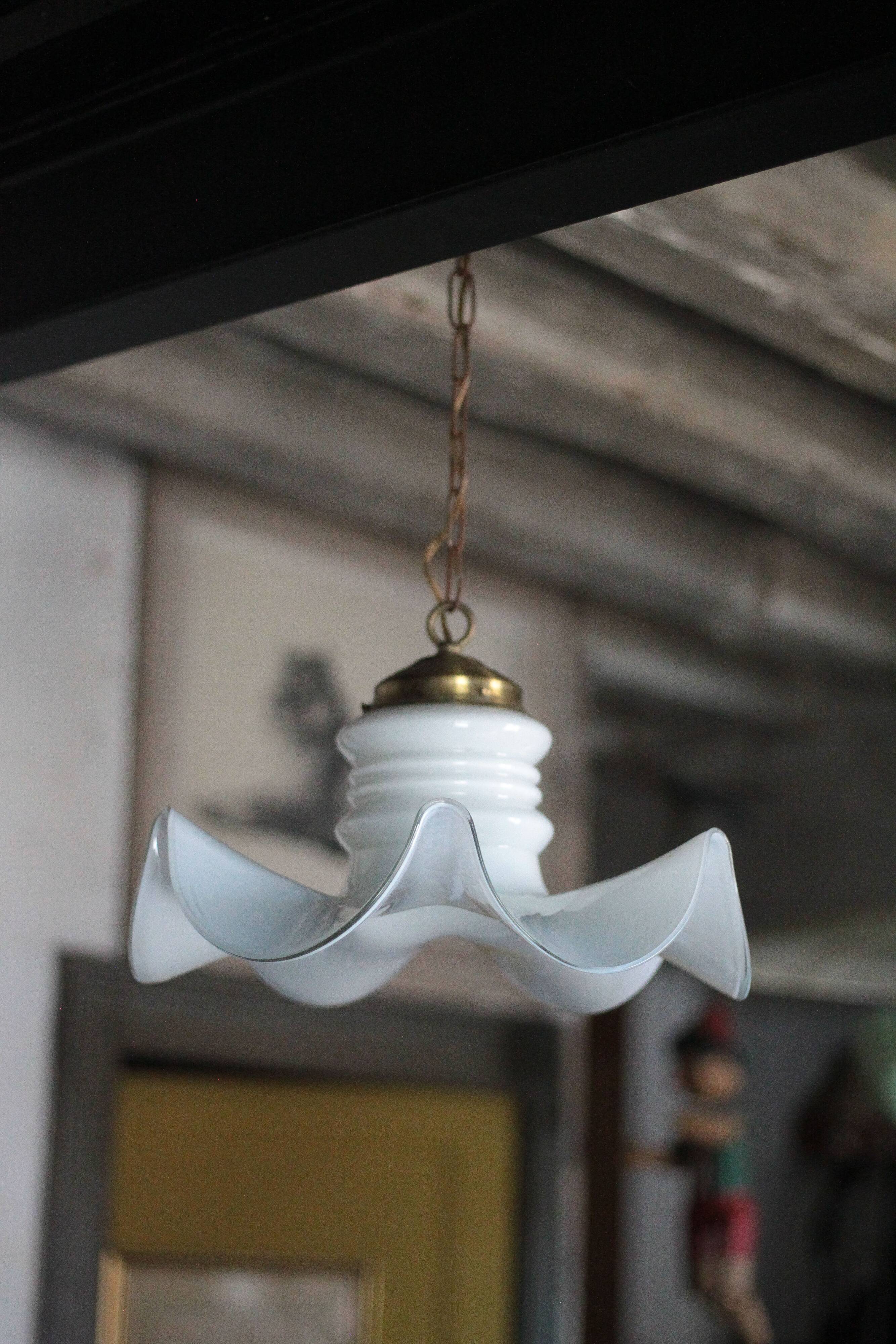 Vintage chandelier, white opaline chandelier and metal, opaline pendant, lamp