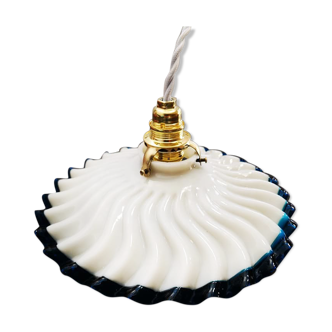 Old suspension opaline lampshade white and blue serrated /wavy Art Deco 1930 TBE Ø 25 cm