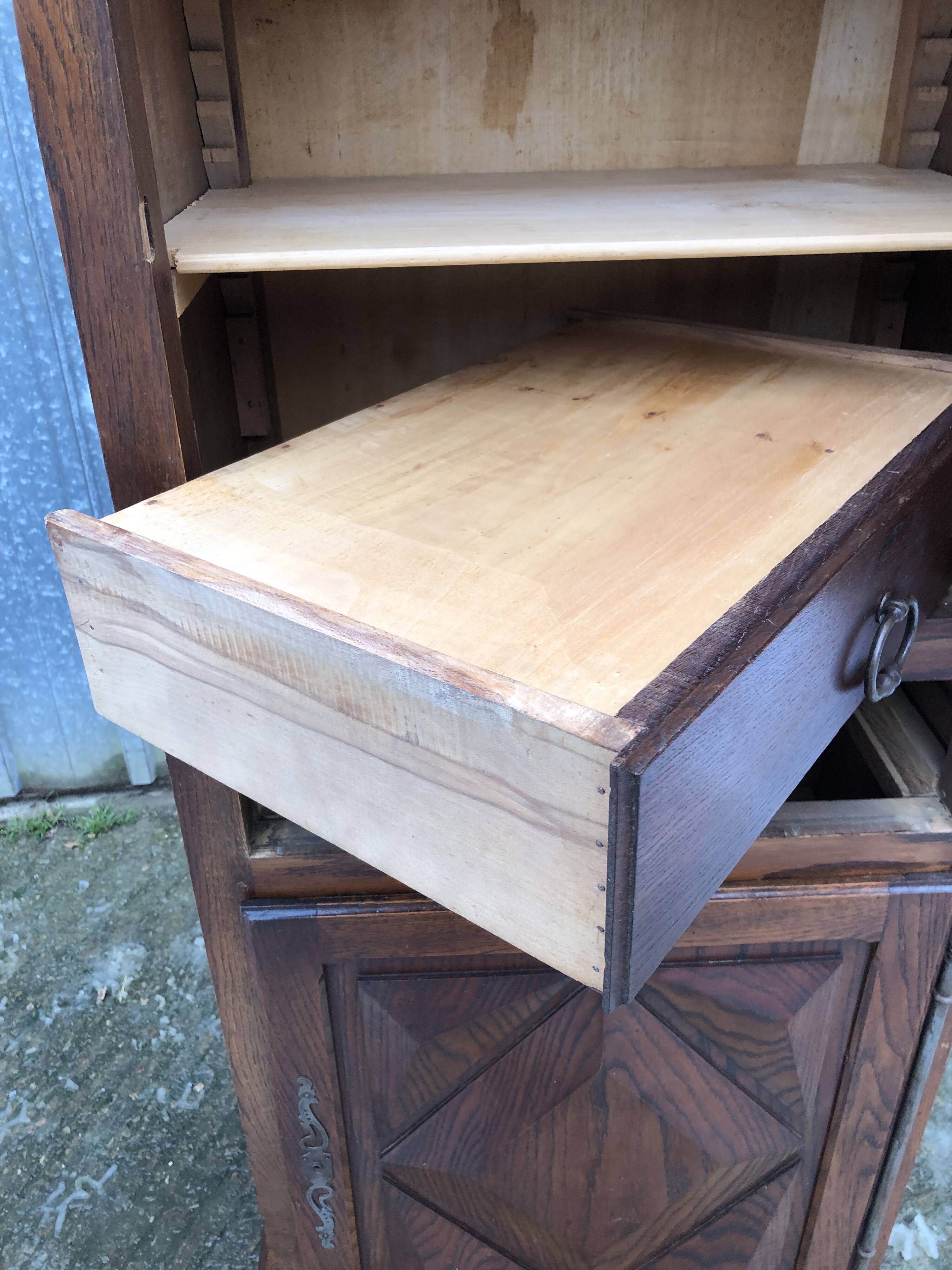 Solid oak wardrobe with 2 doors and 1 drawer in neo Louis XIII style.