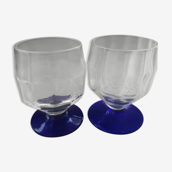 Duo of vintage blue-footed liquor glasses
