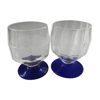 Duo of vintage blue-footed liquor glasses